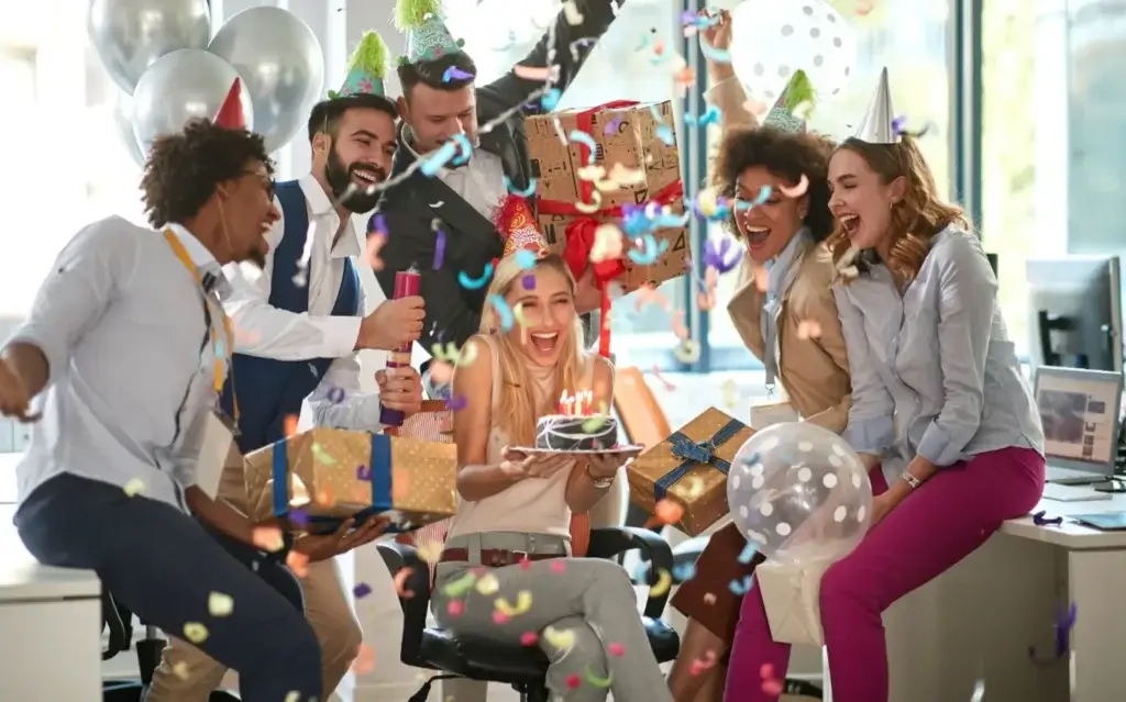 Office party moment — wishlist-worthy celebration.